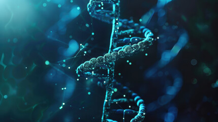 A 3D rendering of a DNA double helix, glowing with blue and green hues.