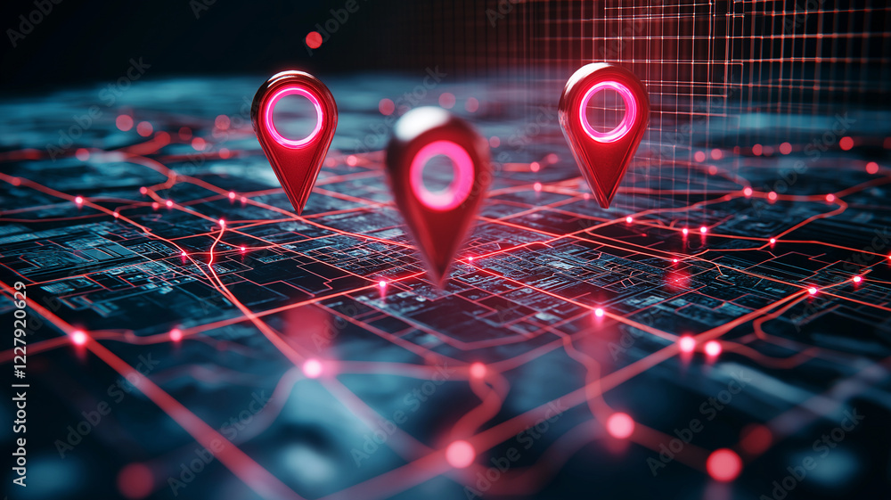 Poster digital map featuring red and pink location pins, highlighting specific areas with glowing lines con