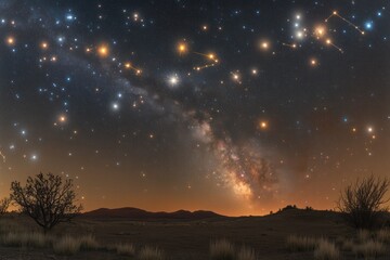 A starry night sky glowing with constellations and a faint Milky Way stretching across the heavens