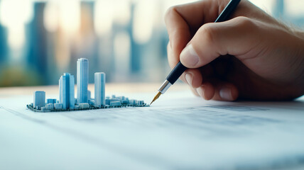 person is drawing architectural model of city with pen, showcasing intricate details and modern skyline. scene captures creativity and urban design