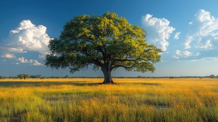 Fototapeta premium Solitary Tree Stands Tall in Golden Grass Field Under a Beautiful Blue Sky