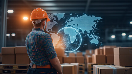 professional worker in warehouse wearing orange helmet observes digital world map. scene conveys sense of global connectivity and logistics management