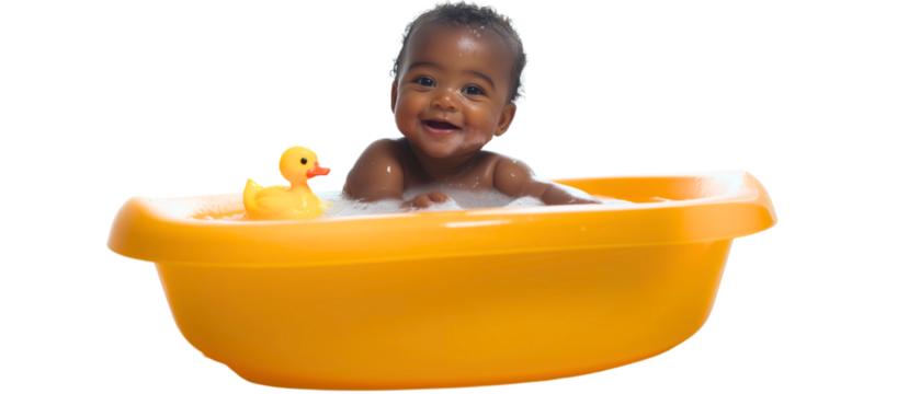 cute african american baby boy bathing in a bathtub with a yellow duck toy isolated over transparent background; concept of health care, toddler hygiene element 