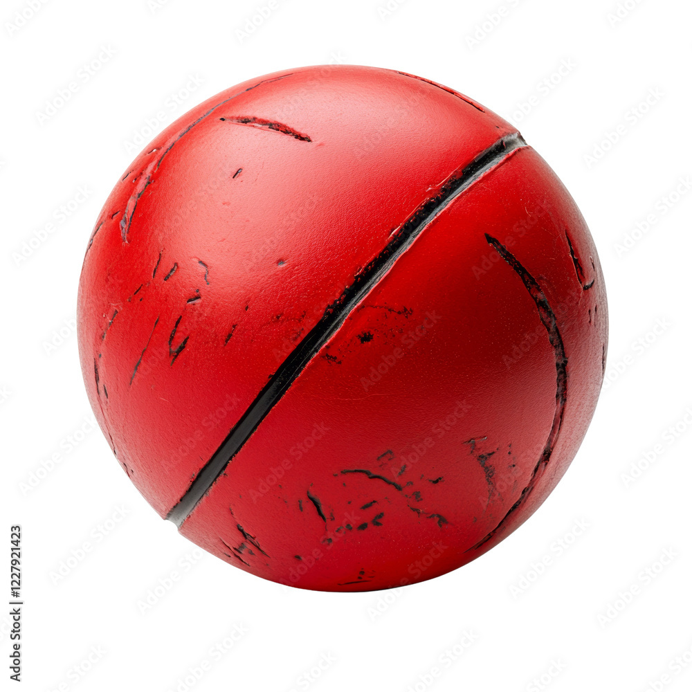 Poster a close up image shows a red sphere with a black seam and visible surface scratches against a black 