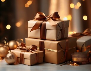 a stack of elegantly wrapped gifts adorned with brown satin ribbons signifying celebration and joy