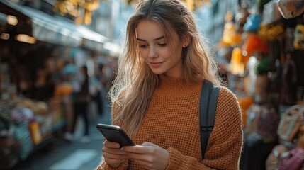 A young woman with long blonde hair is smiling as she uses her smartphone in a bustling market.