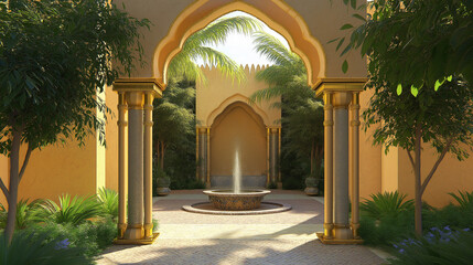 Fototapeta premium A stunning Islamic courtyard with a central fountain surrounded by lush greenery and elegant arches. A peaceful oasis reflecting Arabic architecture.