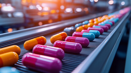 Naklejka premium Colorful pills on conveyor belt in pharmaceutical factory, showcasing vibrant hues of pink, blue, and orange. scene captures essence of modern medication production