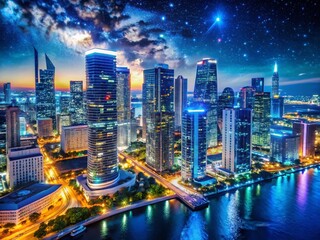 Futuristic Miami Nightscape: Aerial View of Luxurious City Skyline