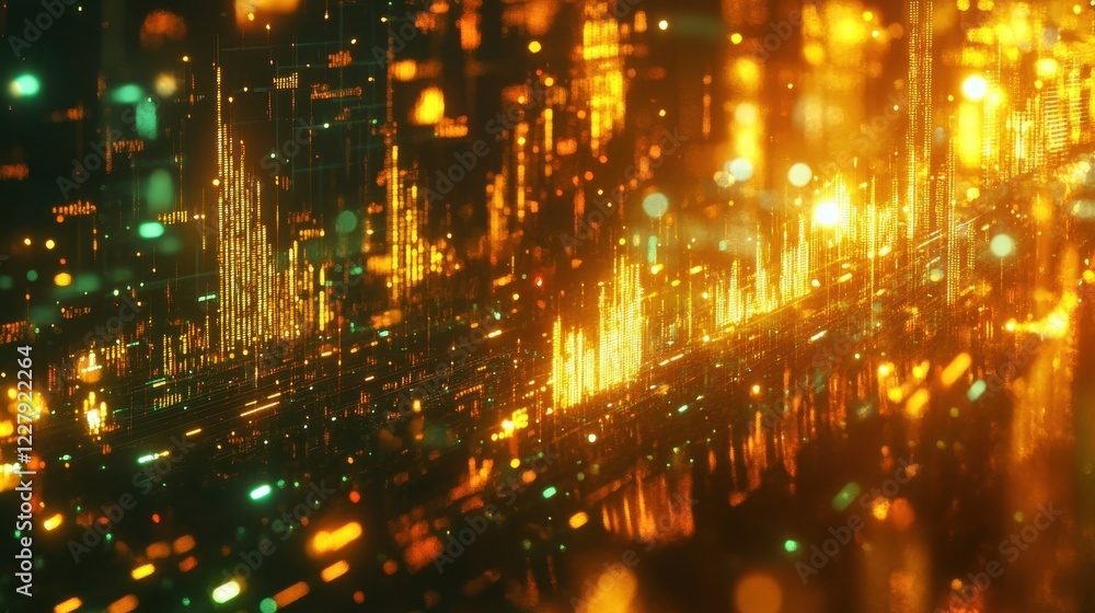 Poster complex digital information flows through a futuristic cityscape, illuminating buildings and creatin