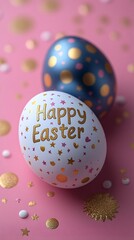 White Easter egg with gold "Happy Easter" text and pink and gold stars on a festive glittery pink background