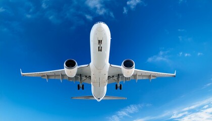 Obraz premium a passenger airplane flying in blue sky view from bottom up