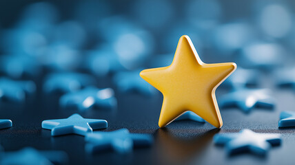 Obraz premium yellow star stands out among blue stars on dark background, creating striking visual contrast. scene evokes sense of wonder and uniqueness