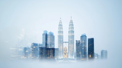 Obraz premium Double exposure of kuala lumpur's petronas towers featuring investment visuals in a foggy urban landscape
