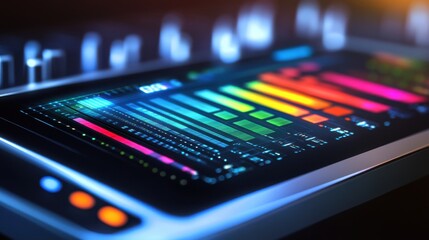Colorful sound wave visualizer on a digital audio interface with vibrant display and controls