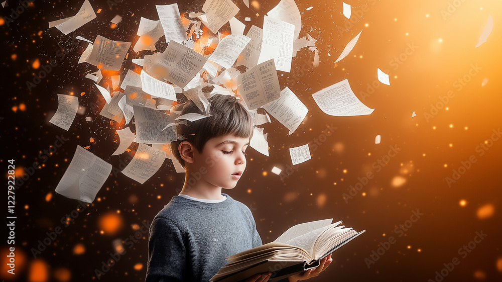 Poster young boy reads open book, surrounded by floating pages, creating magical atmosphere of imagination 