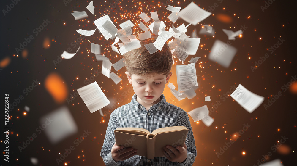 Poster young boy reads open book as pages float around him, creating magical atmosphere filled with knowled