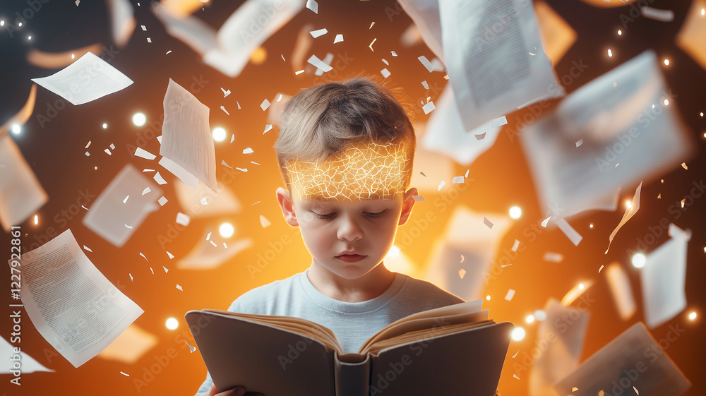 Poster young boy reads open book, surrounded by floating pages and glowing light, symbolizing imagination a