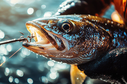 Close-up view of a fisherman unhooking a shiny fish in vibrant sunlight over sparkling water