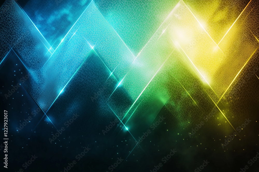 Poster abstract background with gradient of green, blue, and yellow colors, featuring geometric shapes and 