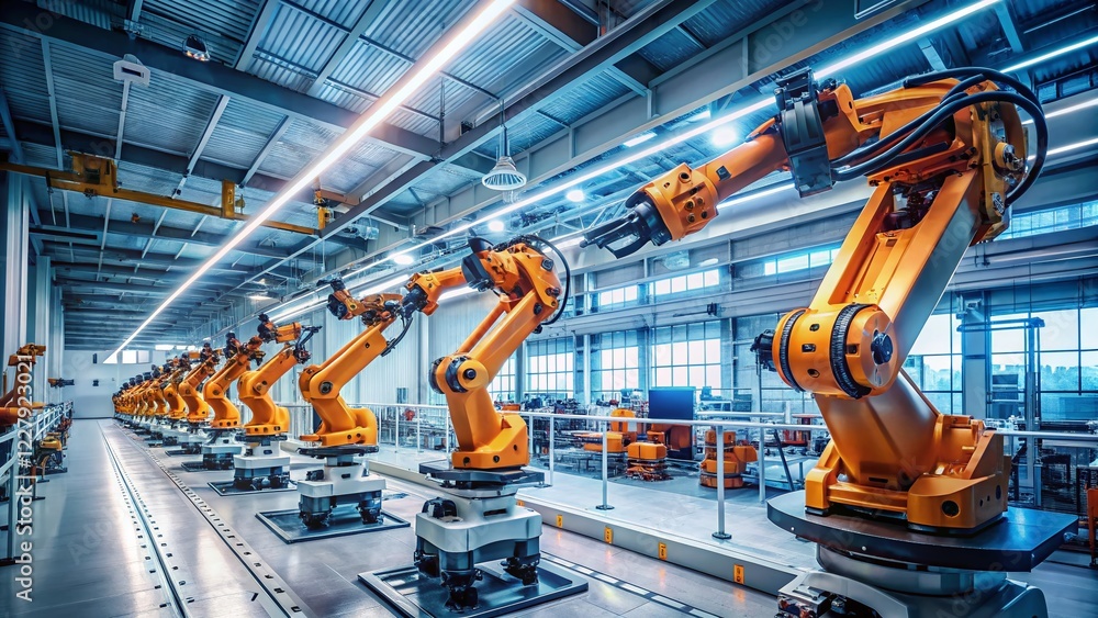 Poster futuristic robotics assembly: advanced robotic arms building next-gen tech in a cutting-edge innovat