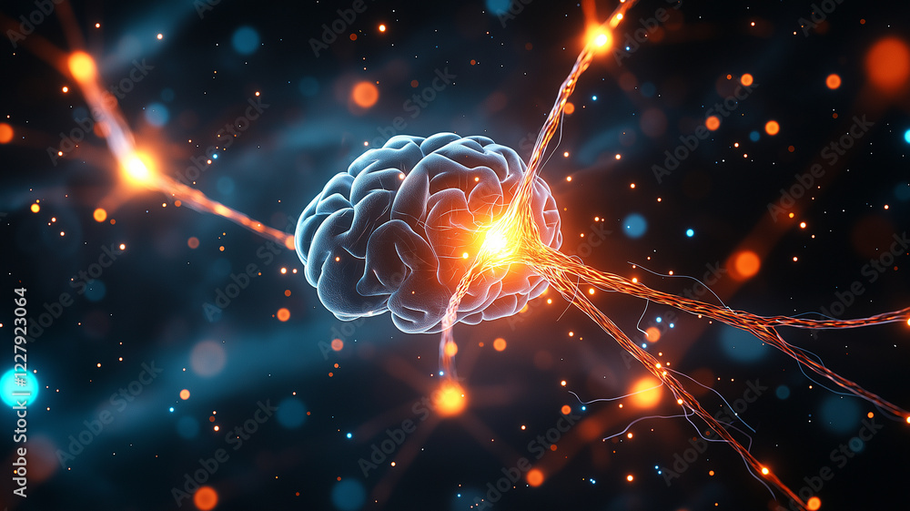 Poster vibrant abstract background featuring human brain surrounded by glowing neural connections, symboliz