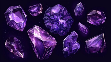 Set of amethist gemstone piles of different size isolated on dark background. Cartoon vector illustration of purple crystals, treasure heaps glowing in darkness. Game assets, ui design elements