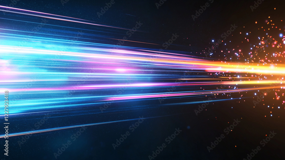 Poster vibrant abstract background with glowing neon lines and sparkling particles, creating dynamic and en