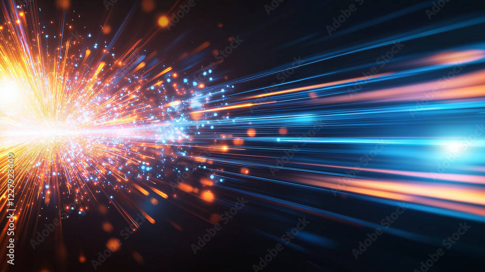 Poster bright glowing lines and particles create dynamic abstract background, showcasing vibrant colors of 