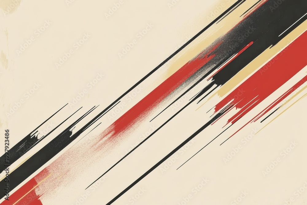 Poster dynamic abstract design featuring bold strokes of red, black, and cream capturing energy and movemen