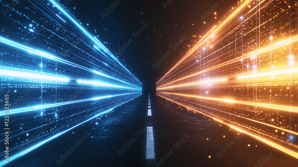 Poster abstract background with neon light lines in blue and orange, creating dynamic and futuristic atmosp
