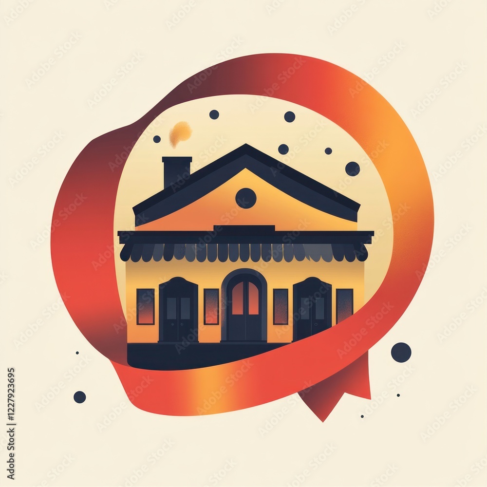 Poster house icon with red ribbon and dots in night, design element for web or app