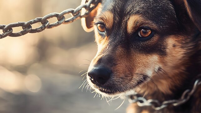 Close-up of chained dog with soulful eyes. Hope and need for animal rescue. Advocating for pet freedom, adoption and responsible ownership