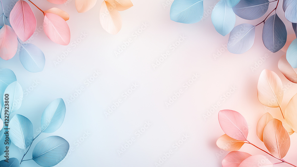 Poster abstract background with pastel leaves in dusty rose and soft blue tones, creating serene and calmin
