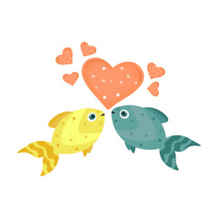 Two yellow and blue fish look at a big red heart. Illustration for Valentine's Day