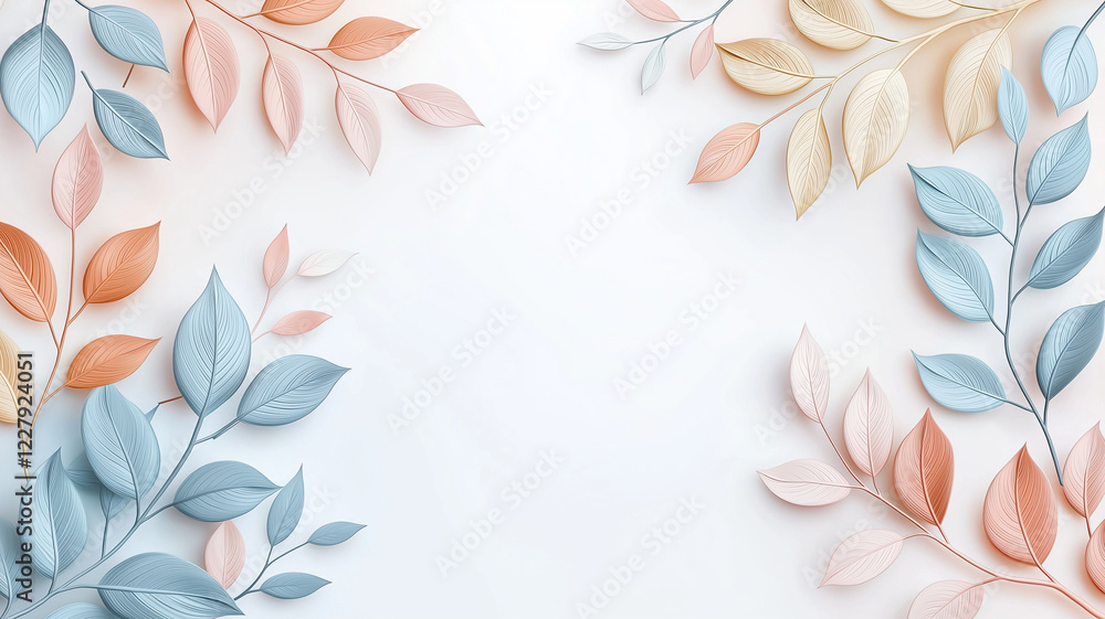 Poster abstract background with pastel leaves in peach and blue colors, creating serene and calming atmosph