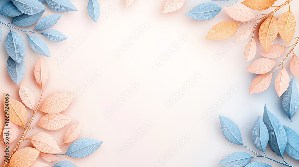 Poster abstract background with pastel leaves in peach and blue colors, creating serene and calming atmosph