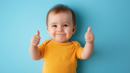 A joyful baby in yellow onesie smiles while giving two thumbs up on blue studio background