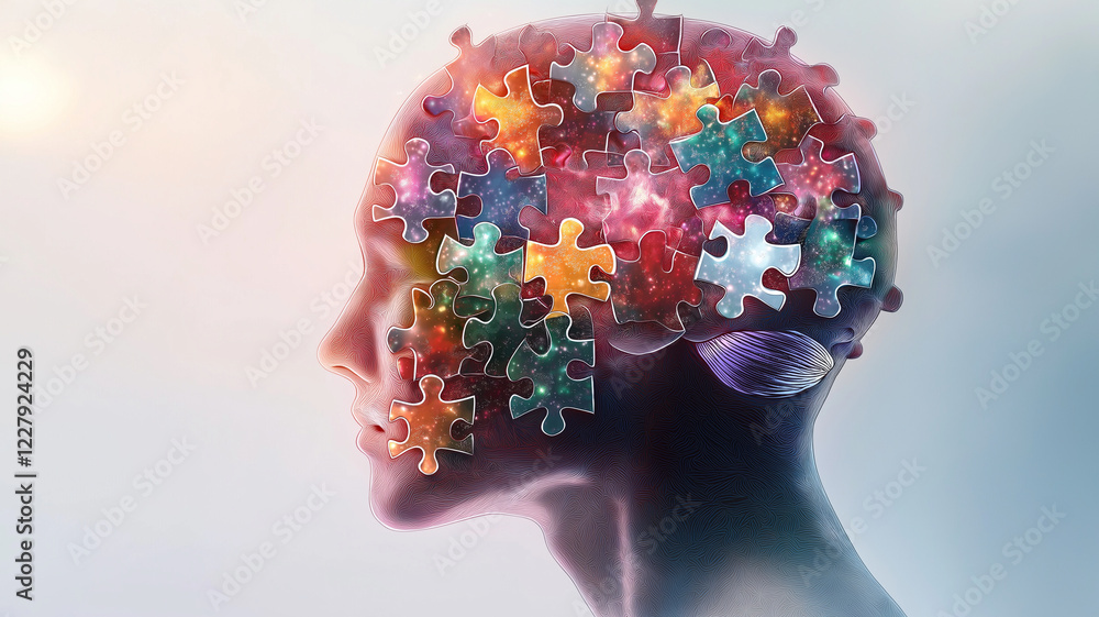 Poster abstract concept art of human head filled with colorful puzzle pieces, symbolizing complexity and cr