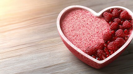 Pink and Red Themed Valentine&rsquo;s Smoothies and Beverages of A beautifully styled heart-shaped bowl filled with raspberry puree and fresh raspberries, perfect for dessert lovers.