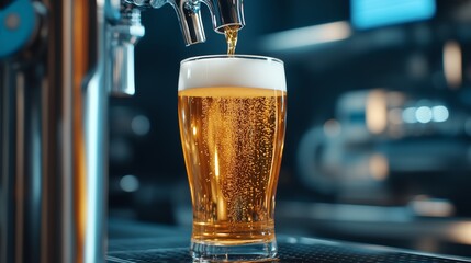 Golden craft beer is being poured into a clear glass while bubbles rise up, creating a refreshing drink in a lively brewery