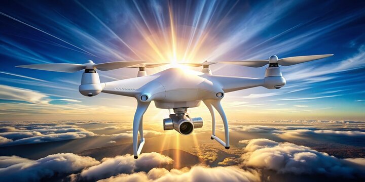 Futuristic White Drone in Flight: Aerial Technology Innovation
