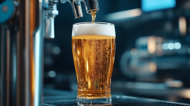Golden craft beer is being poured into a clear glass while bubbles rise up, creating a refreshing drink in a lively brewery