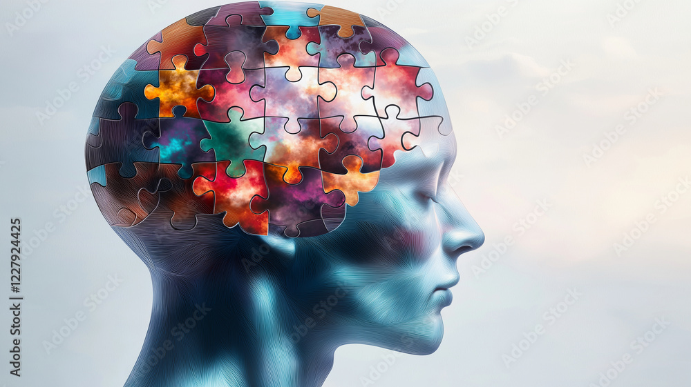 Poster surreal representation of human head with puzzle pieces, symbolizing complexity and thought. vibrant