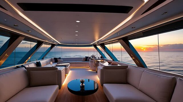 Luxury Yacht Interior with Elegant Lounge Seating and Panoramic Ocean Views at Sunset Through Floor-to-Ceiling Windows

