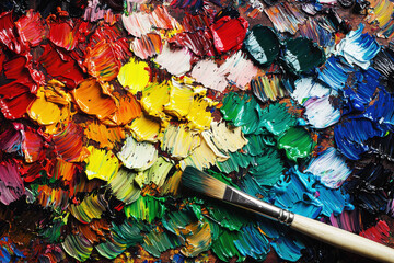 Vibrant artist palette showcasing a rich array of colors with a paintbrush resting nearby at a creative workspace
