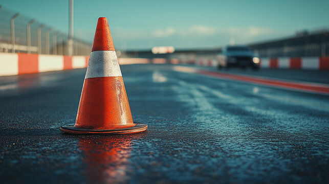 Close-Up of an Orange Traffic Cone on a Tarmac Road with Blurred Car and Race Track Background
