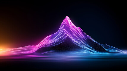 vibrant mountain peak with glowing holographic texture, showcasing blend of pink and blue hues against dark background. scene evokes sense of wonder and modernity