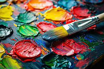 Obraz premium Close-up view of an artist's palette displaying vibrant paint blobs in multiple colors alongside a paintbrush