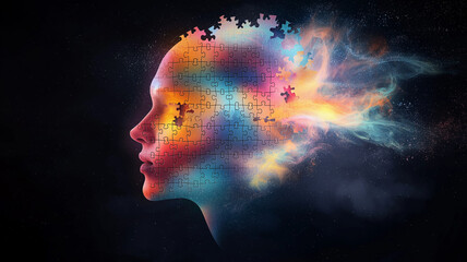 colorful abstract human head made of puzzle pieces, symbolizing creativity and thought. vibrant colors and smoke like effects evoke sense of imagination and exploration